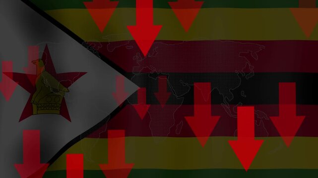 Zimbabwe Economic Downturn: The Zimbabwean flag is depicted with downward red arrows symbolizing a severe economic recession and financial crisis, indicating a period of decline and hardship.