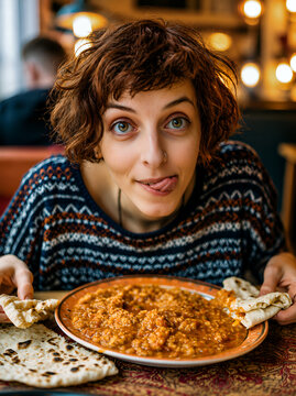 Candid photo of young woman eating traditional Indian dal with naan using hands in restaurant, playful expression with tongue out enjoying exotic food, authentic local travel tourism in India concept