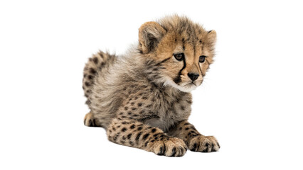 Cute wild small cheetah cub puppy sitting isolated on transparent background for savanna wildlife education © PNG_MEGAStock