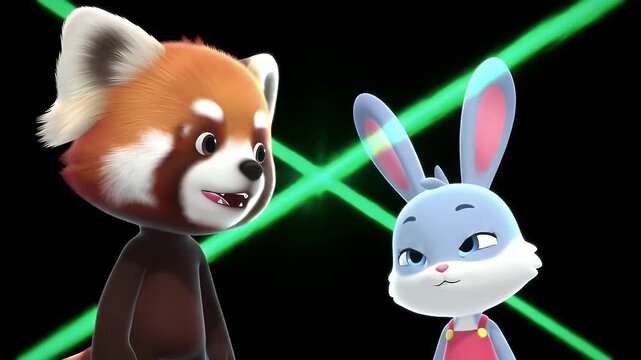 A 3D animated red panda and bunny stand against a background of green lasers.