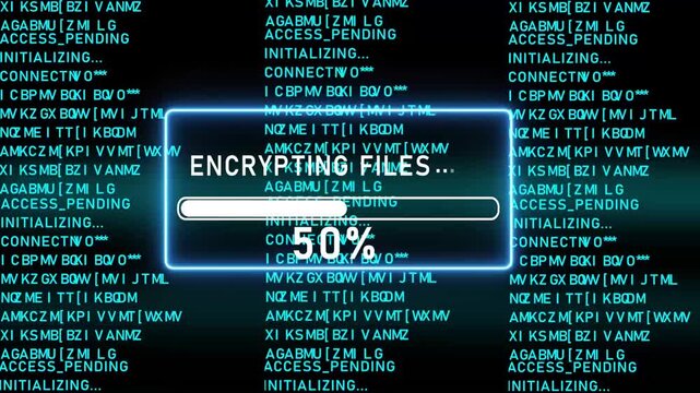 Blue progress bar shows 100% of ENCRYPTING FILES on a dark background with scrolling code code, programming, hacking, security, data, progress bar, loading