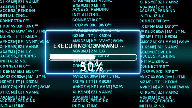 Blue progress bar shows 100% of EXECUTING COMMAND on a dark background with scrolling code Keywords: code, programming, hacking, security, data, progress bar, loading