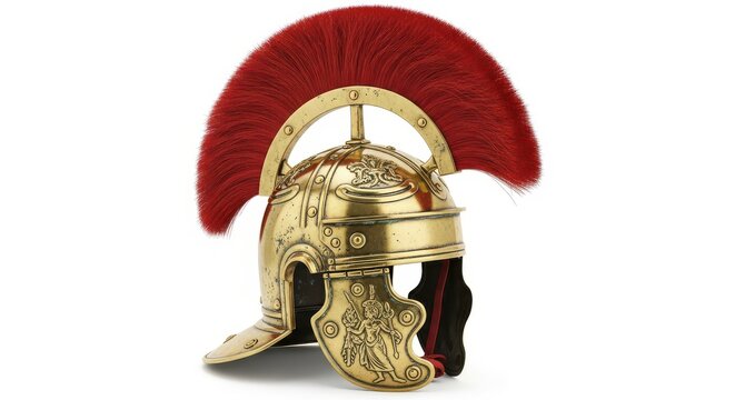 Ancient Roman Centurion Helmet with Red Plume Isolated on White Background - Detailed Historical Military Armor Replica