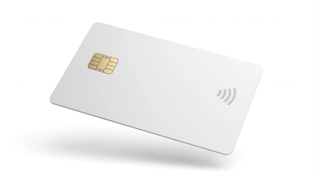 Sleek white contactless payment card with EMV chip floating above a clean bright white background under soft studio lighting minimalist design.