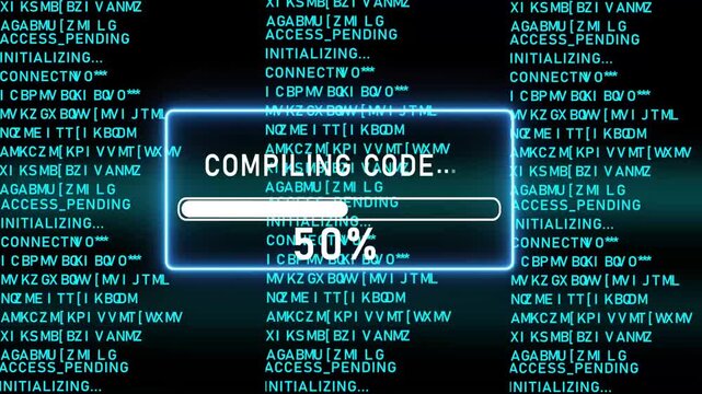Blue progress bar shows 100% of COMPILING CODE on a dark background with scrolling code Keywords: code, programming, hacking, security, data, progress bar, loading