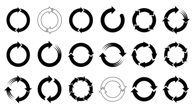 Set of circular arrow icons for process and loading with handdrawn business management workflow isolated collection