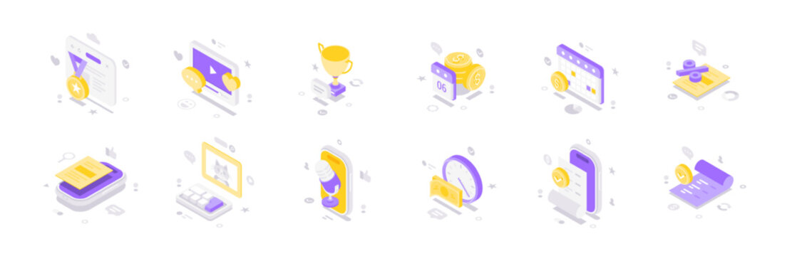 Business management and financial planning isometric vector illustration icon set. For digital marketing, time management, and success concepts for modern web and app design