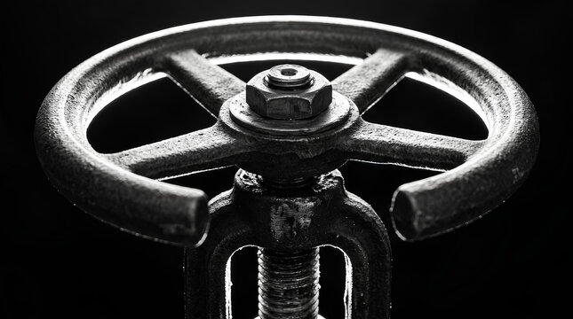Handwheel and rising stem of a cast iron gate valve in dramatic black and white