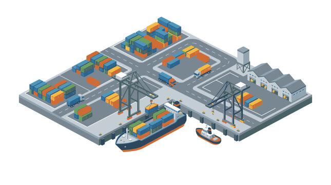 Busy shipping port with container ships and cranes.