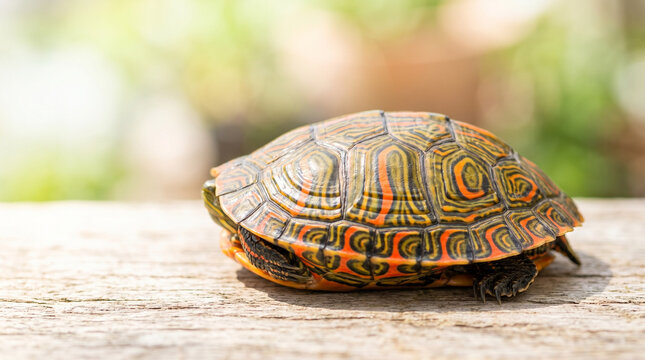 Painted turtle resting on wooden surface with striped carapace pattern  