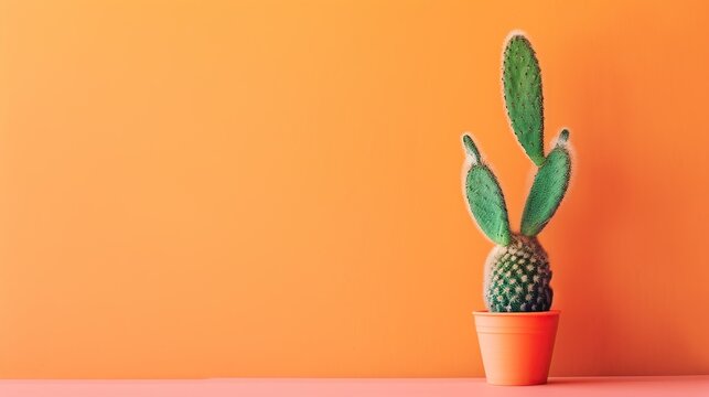Bright orange studio backdrop with a small potted cactus centerpiece and warm shadows for modern botanical minimalism