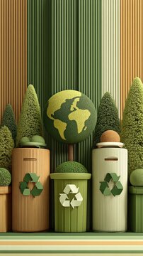 Many different types of trash cans with trees and a world map earth day concept
