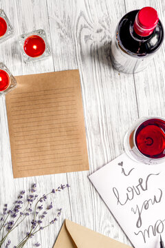 concept Valentine's Day love letter wooden background top view