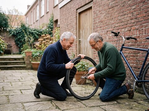 Zwei Senioren reparieren gemeinsam ein Fahrrad im Hinterhof