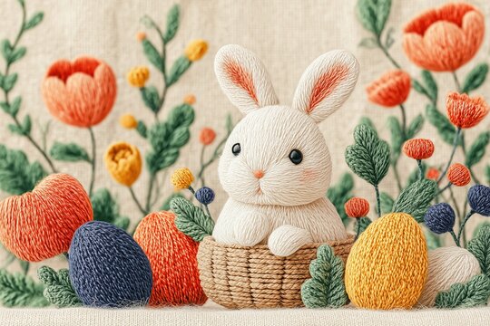 Pastel Easter Eggs Woven Basket Decor Embroidered Spring Flowers Rustic Easter Background Handmade Easter Craft Needlework Holiday Art Spring