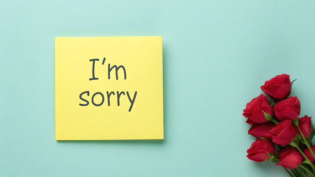 Handwritten apology note on yellow sticky paper. Close-up of I'm sorry message with red rose for forgiveness or reconciliation.