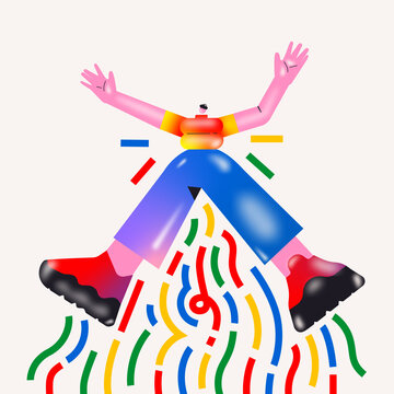 Joyful Person Jumping with Raised Arms and Colorful Motion Lines