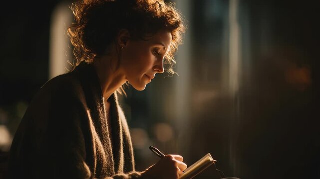 A thoughtful young woman sits in a cozy, softly lit room, writing in her notebook with deep concentration. Warm sunlight highlights her focused expression and creative energy