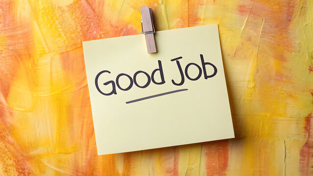 Handwritten motivational sticky note saying Good Job on colorful background. Positive reinforcement message for employee recognition and team appre...