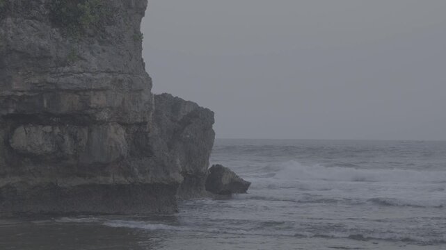 View of the sea cliffs, with waves crashing repeatedly, High rocky cliffs, S-Log3, S-Gamut3.Cine
