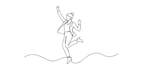 Fototapeta premium Single line happy businesswoman jumping. Continuous line drawing of a joyful businesswoman jumping in celebration. Success and positive achievement. One line vector illustration.