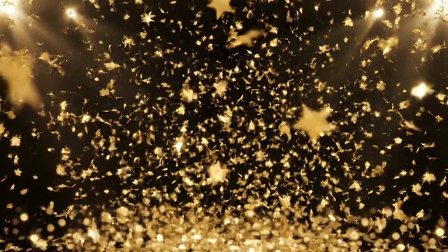 Golden confetti falling from spotlights onto a bokeh background.