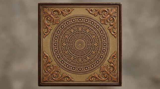 Ornate Warm Bronze Ceiling Tile with Intricate Circular Geometric Carving
