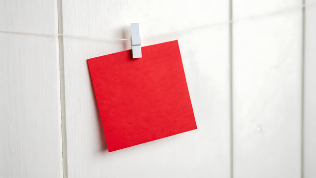 Red sticky note on white wall for reminders and tasks. Bright paper memo pad used for office organization and planning.