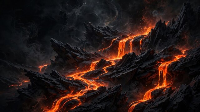 Dramatic glowing lava rivers flow through a dark rugged volcanic landscape at night creating an intense fiery scene.
