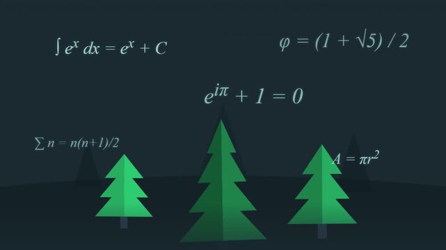 Abstract mathematical formulas like Euler's identity displayed with stylized green trees on a dark background, representing science and nature concepts.