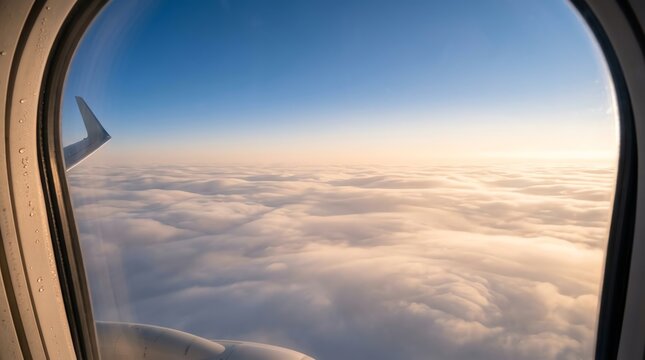 Airplane Window View of Cloudscape During Sunrise with Bright Sky and Fluffy Clouds