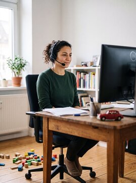 Halbnahe Aufnahme einer Mutter mit Headset die im Homeoffice am Schreibtisch telefoniert w&auml;hrend Kinderspielzeug am Boden liegt