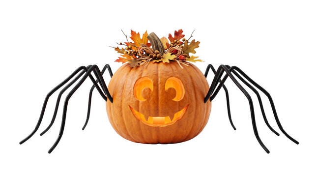 A creative Halloween pumpkin transformed into a giant friendly spider, featuring eight thin black spider legs, carved glowing eyes, tiny fangs, and decorative autumn leaves, whimsical spooky concept.