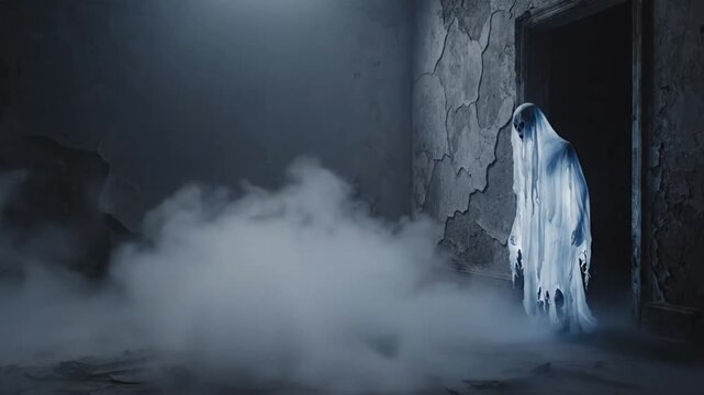 Creepy ghost figure standing in misty abandoned room doorway