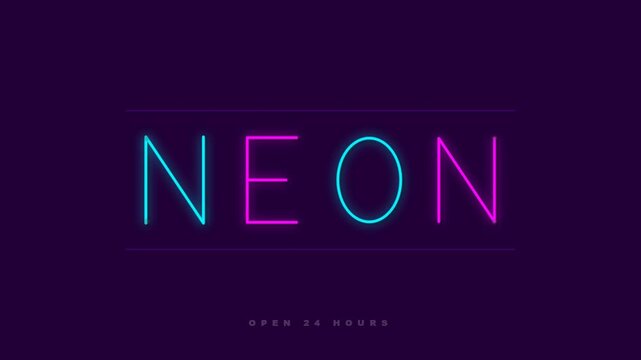 Animated neon sign with glowing 'NEON' text and 'OPEN 24 HOURS' on dark background.
