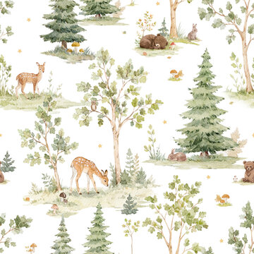 Woodland Nursery Seamless Pattern with Deer and Forest Animals