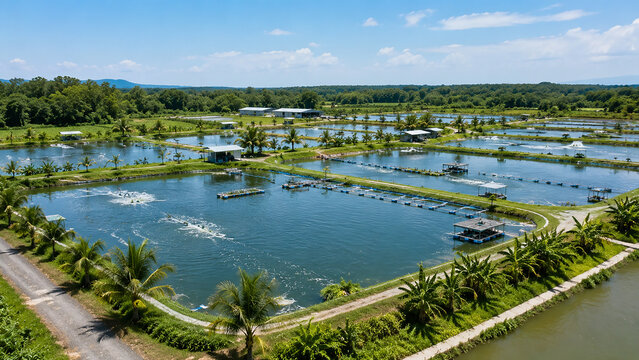 Aerial view of a rural aquaculture fish farm with large ponds