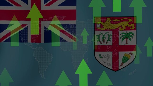 Fiji Flag Growth Chart: Representing economic growth and prosperity, the flag of Fiji is superimposed on a background of rising green arrows, indicating positive trends and financial upward mobility.