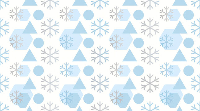 pattern of light blue snowflakes, triangles, and circles on a white background for winter holiday design with copy space