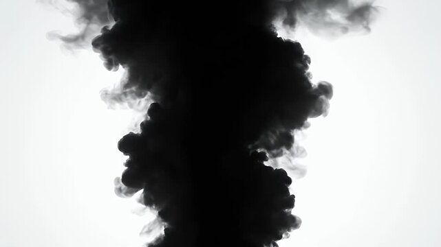 Black ink cloud swirling in water against a white background.