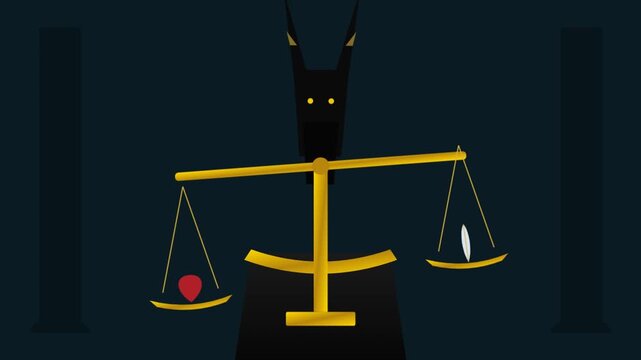 Anubis Weighing Heart Against Feather on Golden Scales in Egyptian Afterlife