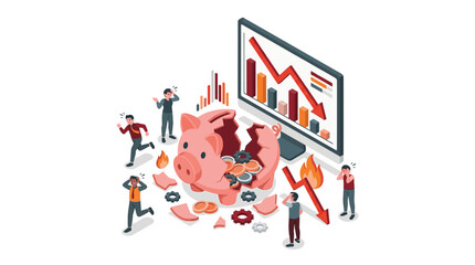 Naklejka premium Isometric illustration of an economic crisis featuring a broken pink piggy bank, declining stock market charts on a computer monitor, stressed people, and red falling arrows.