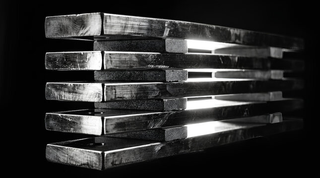 Stack of polished copper busbars separated by insulators in dramatic black and white