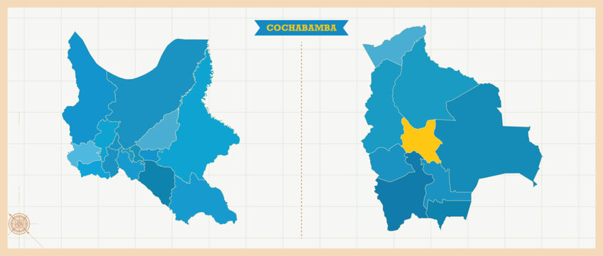 Cochabamba Department Highlighted in Bolivia Map, Modern Bolivia and Cochabamba Administrative Map, Colorful High Detailed Vector with Geographical Borders