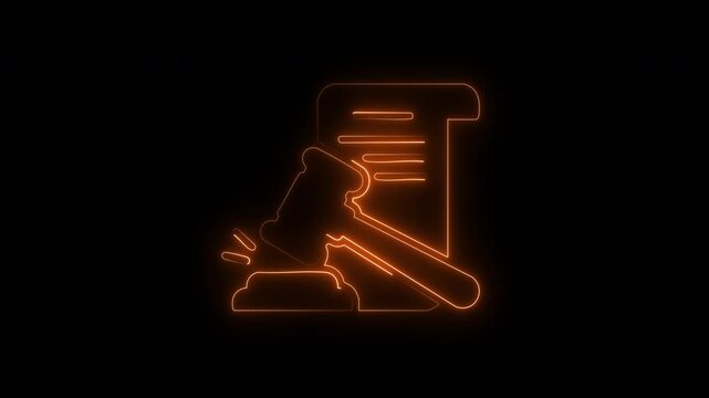 Orange neon outline of judge gavel hitting sound block with legal document on black background.