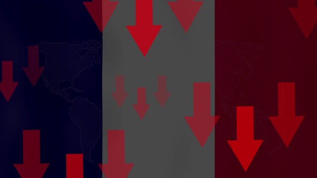 French Economy Downturn: Red arrows symbolizing decline and recession are superimposed over the French flag and a faint world map, illustrating economic hardship and falling financial performance.