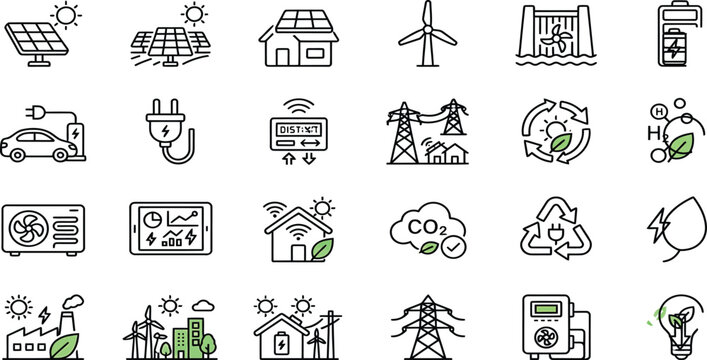 Renewable Energy and Sustainable Power Line Icon Set Including Solar Panel Wind Turbine Battery Storage Smart Grid Vector Collection