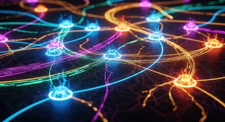 Obraz premium Intricate digital neural network featuring vibrant glowing nodes and curved data streams symbolizing cloud computing and advanced security, science, communication, computing