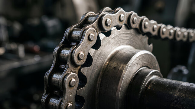 Roller chain wrapped around the teeth of a drive sprocket from a three quarter angle