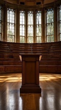 Symmetrical wooden lectern with microphone centered before semicircular tiered benches beneath tall arched leaded windows, warm daylight filling elegant historic hall